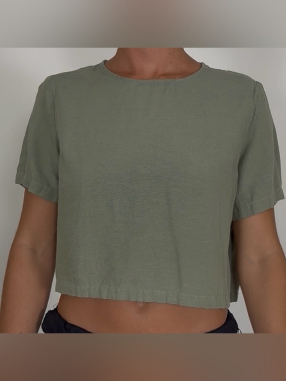 Midnight Sky Olive Green Linen Blend Crop Top Minimal Boxy Tee Medium